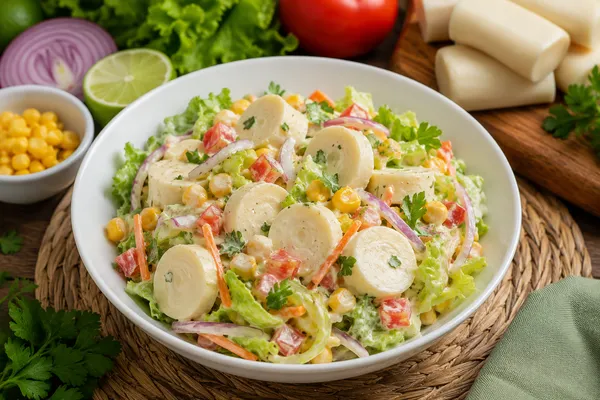 Fotografía de una ensalada de palmitos servida en un tazón hondo color blanco sobre un mantel circular color café.