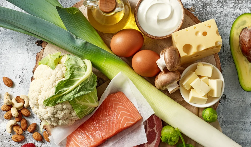 Tipos de grasas: Fotografía de un aguacate, queso, huevo, champiñones, salmón, aceite, almendras y nueces sobre una mesa.
